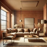DALL·E 2024-07-26 11.32.05 - A modern living room with earthy tones, featuring terracotta walls, brown sandy colored furniture, and wooden accents.