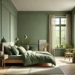 DALL·E 2024-07-26 11.32.09 - A serene bedroom featuring soft green hues like sage and olive. The walls are painted in a calming green shade, with