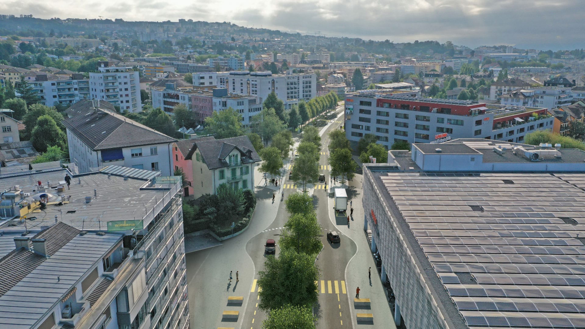 Renens Place du marché / Avenue du 14 avril vue aérienne - Travaux Tramway Lausannois - Projet